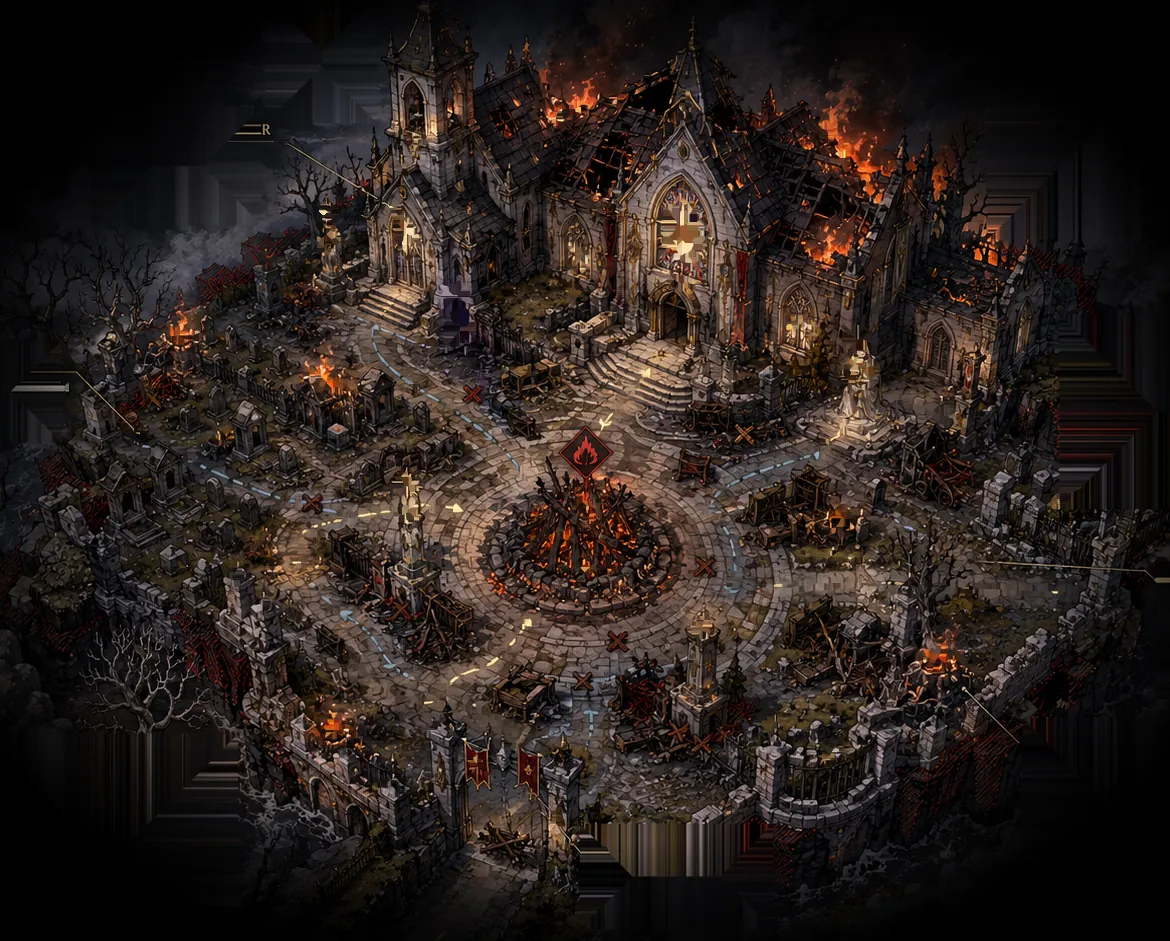 The Chapel of Dawn seen from above: a burning chapel over a graveyard courtyard, a pyre at its centre, walled with iron and stone.