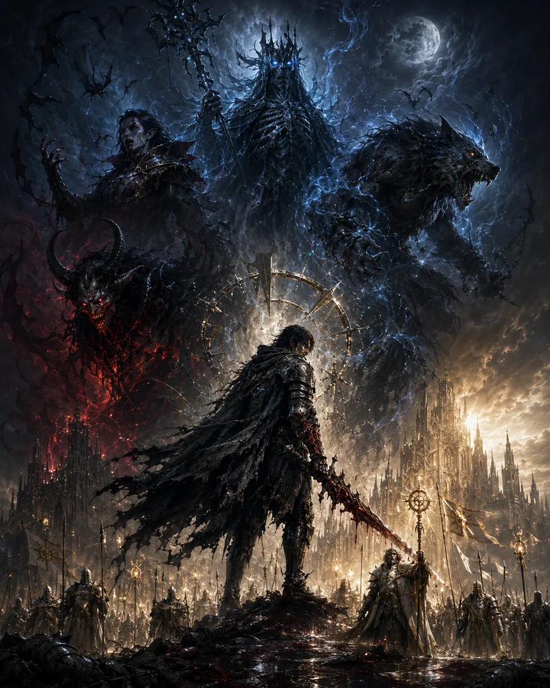 Ser Vael stands with a blood-red greatsword before the Order's host, while the four curses rise behind him: vampire, lich, werewolf and demon.