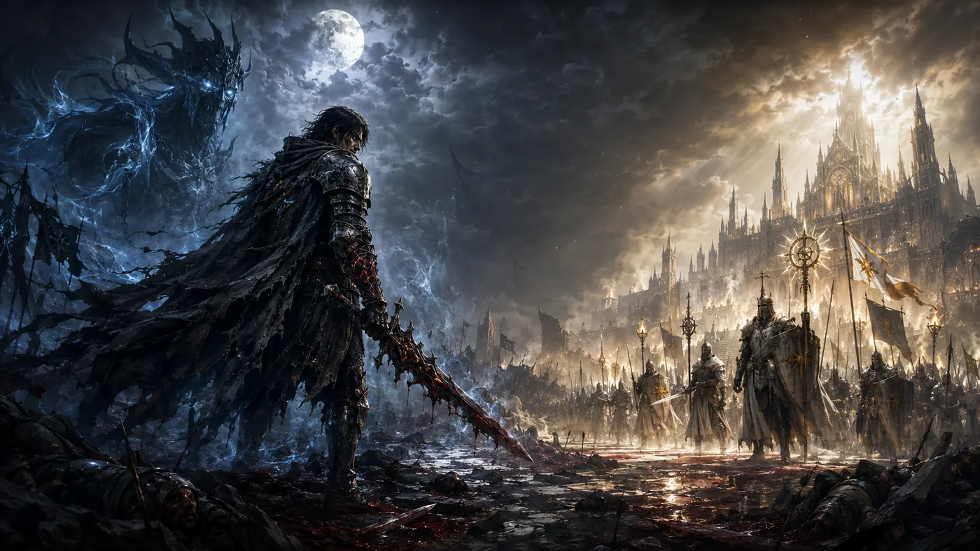 Vael, cloaked and bloodied, faces the white-and-gold host of the Order marching out of its cathedral city.