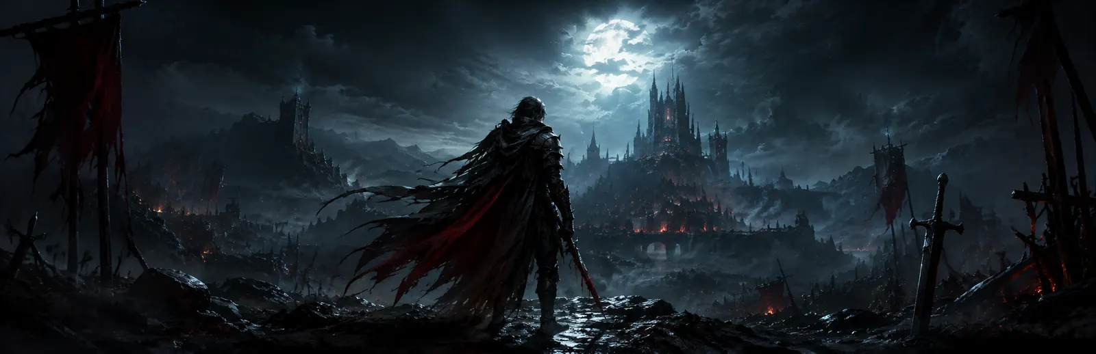 Vael, seen from behind with a red cloak, looks across a ruined field of banners toward a moonlit castle.