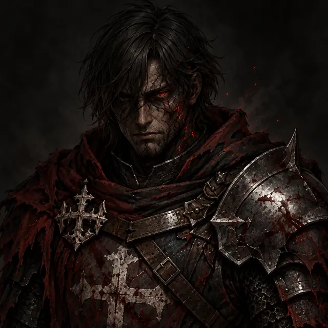 Ser Vael as a cursed knight, red-eyed, in scarred plate and a torn crimson hood.